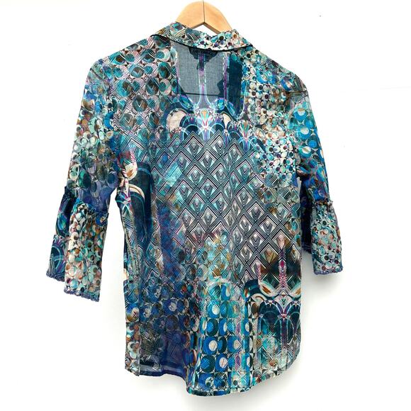 Johnny Was Workshop Klodi Ruffle Sleeve Blue Pattern Top Lightweight Blouse XS - Picture 10 of 10